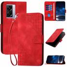 For OPPO A57e 4G Global Grid Butterfly Embossed Pattern Leather Phone Case with Lanyard(Red) - 1