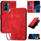 For Realme C33 Global Grid Butterfly Embossed Pattern Leather Phone Case with Lanyard(Red) - 1