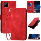 For Realme C20 / C11 2021 / C21 Grid Butterfly Embossed Pattern Leather Phone Case with Lanyard(Red) - 1