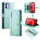 For iPhone 12 / 12 Pro Nine Card-slot Zipper Wallet Bag Leather Phone Case(Mint Green) - 1