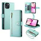 For iPhone 13 Nine Card-slot Zipper Wallet Bag Leather Phone Case(Mint Green) - 1