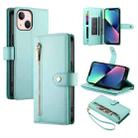 For iPhone 13 mini Nine Card-slot Zipper Wallet Bag Leather Phone Case(Mint Green) - 1