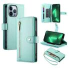 For iPhone 13 Pro Nine Card-slot Zipper Wallet Bag Leather Phone Case(Mint Green) - 1