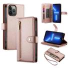 For iPhone 13 Pro Max Nine Card-slot Zipper Wallet Bag Leather Phone Case(Pink) - 1