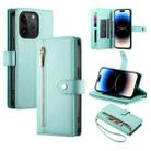 For iPhone 14 Pro Nine Card-slot Zipper Wallet Bag Leather Phone Case(Mint Green) - 1