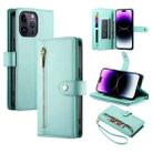 For iPhone 14 Pro Max Nine Card-slot Zipper Wallet Bag Leather Phone Case(Mint Green) - 1