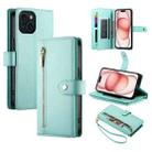 For iPhone 15 Nine Card-slot Zipper Wallet Bag Leather Phone Case(Mint Green) - 1