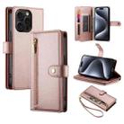 For iPhone 15 Pro Nine Card-slot Zipper Wallet Bag Leather Phone Case(Pink) - 1