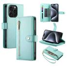 For iPhone 15 Pro Nine Card-slot Zipper Wallet Bag Leather Phone Case(Mint Green) - 1