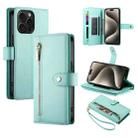 For iPhone 15 Pro Max Nine Card-slot Zipper Wallet Bag Leather Phone Case(Mint Green) - 1