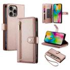 For iPhone 16 Pro Nine Card-slot Zipper Wallet Bag Leather Phone Case(Pink) - 1