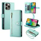 For iPhone 16 Pro Nine Card-slot Zipper Wallet Bag Leather Phone Case(Mint Green) - 1