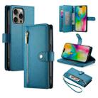 For iPhone 16 Pro Nine Card-slot Zipper Wallet Bag Leather Phone Case(Blue) - 1