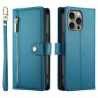 For iPhone 16 Pro Nine Card-slot Zipper Wallet Bag Leather Phone Case(Blue) - 2