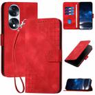 For Honor 70 Pro / 70 Pro+ Grid Butterfly Embossed Pattern Leather Phone Case with Lanyard(Red) - 1