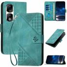 For Honor 90 Pro Grid Butterfly Embossed Pattern Leather Phone Case with Lanyard(Light Blue) - 1