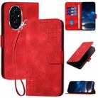 For Honor 200 Global Grid Butterfly Embossed Pattern Leather Phone Case with Lanyard(Red) - 1