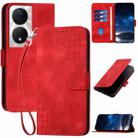 For Honor X7b 5G YX0080 Grid Butterfly Embossed Pattern Flip Leather Phone Case with Lanyard(Red) - 1