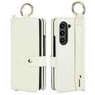 For Samsung Galaxy Z Fold3 Solid Color Wristband Ring RFID Leather Phone Case with Lanyard(Beige) - 2