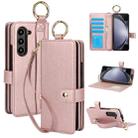 For Samsung Galaxy Z Fold4 Solid Color Wristband Ring RFID Leather Phone Case with Lanyard(Rose Gold) - 1