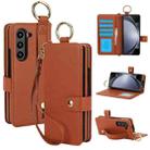 For Samsung Galaxy Z Fold4 Solid Color Wristband Ring RFID Leather Phone Case with Lanyard(Brown) - 1