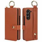 For Samsung Galaxy Z Fold4 Solid Color Wristband Ring RFID Leather Phone Case with Lanyard(Brown) - 2