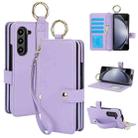 For Samsung Galaxy Z Fold4 Solid Color Wristband Ring RFID Leather Phone Case with Lanyard(Purple) - 1