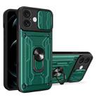 For iPhone 16 Plus Sliding Camshield TPU+PC Phone Case with Card Slot(Dark Green) - 1