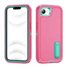 For iPhone 16e Rugged PC + Silicone Phone Case with Holder(Rose Red+Light Green) - 1