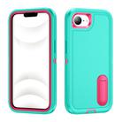 For iPhone 16e Rugged PC + Silicone Phone Case with Holder(Light Green+Rose Red) - 1