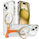 For iPhone 15 Plus Holder Hand Strap MagSafe Transparent Phone Case(Transparent Gold + Orange Strap) - 1