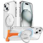 For iPhone 15 Plus Holder Hand Strap MagSafe Transparent Phone Case(Transparent Silver + Orange Strap) - 1