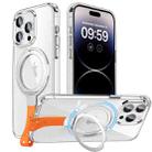 For iPhone 14 Pro Max Holder Hand Strap MagSafe Transparent Phone Case(Transparent Silver + Orange Strap) - 1