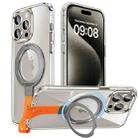 For iPhone 15 Pro Holder Hand Strap MagSafe Transparent Phone Case(Titanium Grey + Orange Strap) - 1