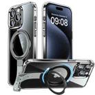 For iPhone 15 Pro Holder Hand Strap MagSafe Transparent Phone Case(Transparent Black + Grey Strap) - 1