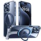 For iPhone 15 Pro Max Holder Hand Strap MagSafe Transparent Phone Case(Blue + Grey Strap) - 1