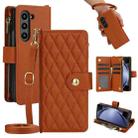 For Samsung Galaxy Z Fold6 Rhombic Zipper Card Wallet Leather Phone Case with Lanyard(Brown) - 1