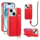 For iPhone 15 Plus VIETAO Card Slot Wristband Phone Case with Lanyard(Red) - 1