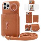 For iPhone 15 Pro Max VIETAO Ring Holder Card Bag Phone Case with Lanyard(Brown) - 1