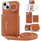 For iPhone 14 VIETAO Ring Holder Card Bag Phone Case with Lanyard(Brown) - 1