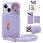 For iPhone 13 VIETAO Ring Holder Card Bag Phone Case with Lanyard(Purple) - 1