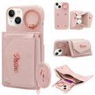 For iPhone 15 VIETAO Ring Holder Wallet PU Phone Case with Lanyard(Pink) - 1