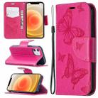 For iPhone 12 mini Embossing Two Butterflies Pattern Horizontal Flip PU Leather Case with Holder & Card Slot & Wallet & Lanyard(Rose Red) - 1