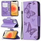 For iPhone 12 mini Embossing Two Butterflies Pattern Horizontal Flip PU Leather Case with Holder & Card Slot & Wallet & Lanyard(Purple) - 1