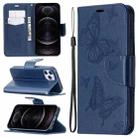 For iPhone 12 / 12 Pro Embossing Two Butterflies Pattern Horizontal Flip PU Leather Case with Holder & Card Slot & Wallet & Lanyard(Blue) - 1