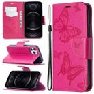 For iPhone 12 / 12 Pro Embossing Two Butterflies Pattern Horizontal Flip PU Leather Case with Holder & Card Slot & Wallet & Lanyard(Rose Red) - 1