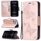 For iPhone 12 / 12 Pro Embossing Two Butterflies Pattern Horizontal Flip PU Leather Case with Holder & Card Slot & Wallet & Lanyard(Rose Gold) - 1