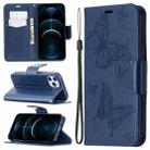 For iPhone 12 Pro Max Embossing Two Butterflies Pattern Horizontal Flip PU Leather Case with Holder & Card Slot & Wallet & Lanyard(Blue) - 1