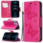 For iPhone 12 Pro Max Embossing Two Butterflies Pattern Horizontal Flip PU Leather Case with Holder & Card Slot & Wallet & Lanyard(Rose Red) - 1