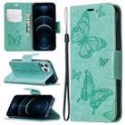 For iPhone 12 Pro Max Embossing Two Butterflies Pattern Horizontal Flip PU Leather Case with Holder & Card Slot & Wallet & Lanyard(Green) - 1